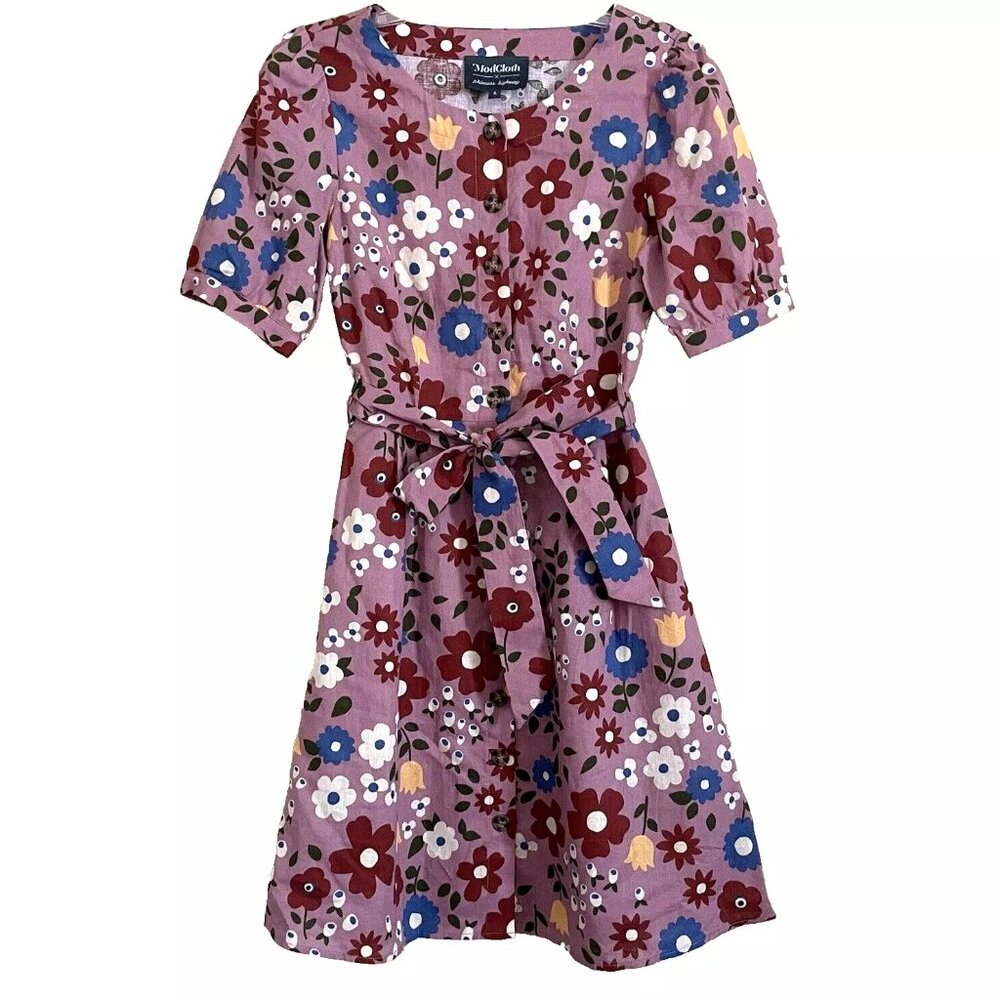 ModCloth x Princess Highway Retro Floral Linen Blend Button Front Dress Size XXS